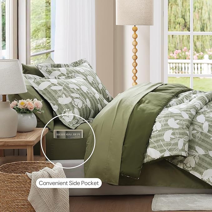 Full Comforter Set -7 Pieces Botanical Olive Green Comforter Set for All Seasons, Bed in a Bag Full with Flowers Floral Comforter, Sheets, Pillowcases & Shams
