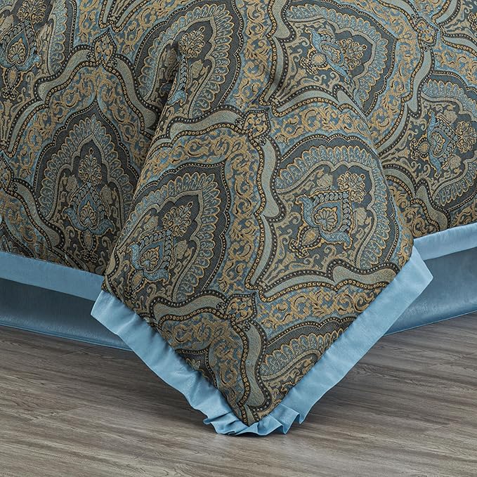Chezmoi Collection Pierre Comforter Set Queen Size, 7-Piece Blue Gold Medallion Paisley Jacquard Bedding Set