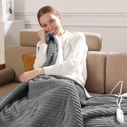 Heated Blanket Electric Throw 50"x60" Heating Blanket 450gsm Ribbed Flannel Sherpa Ultra-Soft with 5 Heating Levels and 4 Hour Auto Off, ETL & FCC Certified Electric Blanket, Great Winter Gift, Grey
