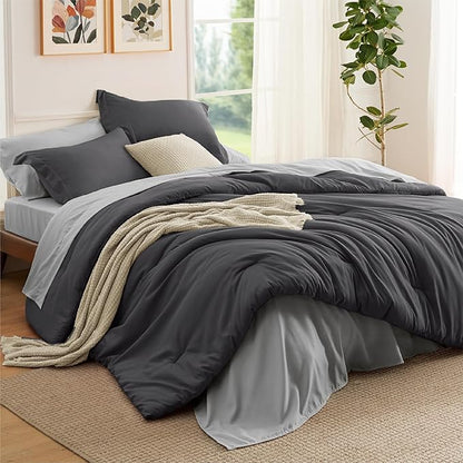 Bedsure Twin Comforter Set - 5 Pieces Dark Grey Twin Bedding Set for All Seasons, Boho Contrasting Design Bed in a Bag with Comforter, Sheets, Pillowcase & Sham