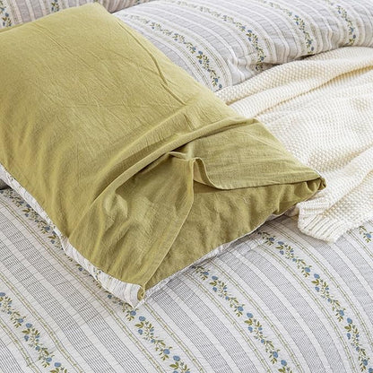 100% Cotton Jacquard Comforter Set, Striped Floral Print, Soft Lightweight Reversible 3 Piece Bedding Sets for All Season, Queen(90"x90")