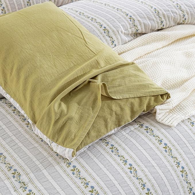 100% Cotton Jacquard Comforter Set, Striped Floral Print, Soft Lightweight Reversible 3 Piece Bedding Sets for All Season, King(104"x90")