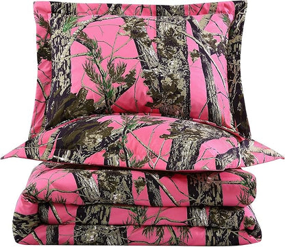 Chezmoi Collection Salem 2-Piece Cabin Lodge Forest Woods Comforter Set - Nature Camo Tree Leaves Printed Soft Microfiber Bedding - Pink, Twin