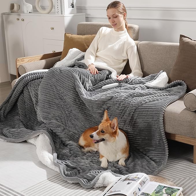 Electric Blanket Twin Heated Blanket 62"x84" Striped Flannel & Thick Sherpa, 5 Heat Settings & 10 Hour Auto Off with FCC/ETL Certified, Overheat Protection & Machine Washable, Grey