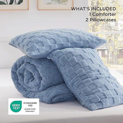 Bedsure Queen Fluffy Comforter Set, Ashley Blue Plush Fleece Bed Set, Checkered Farmhouse Boho Soft Warm Bedding for Winter, 3 Pieces, 1 Comforter (90"x90") and 2 Pillowcases (20"x26")