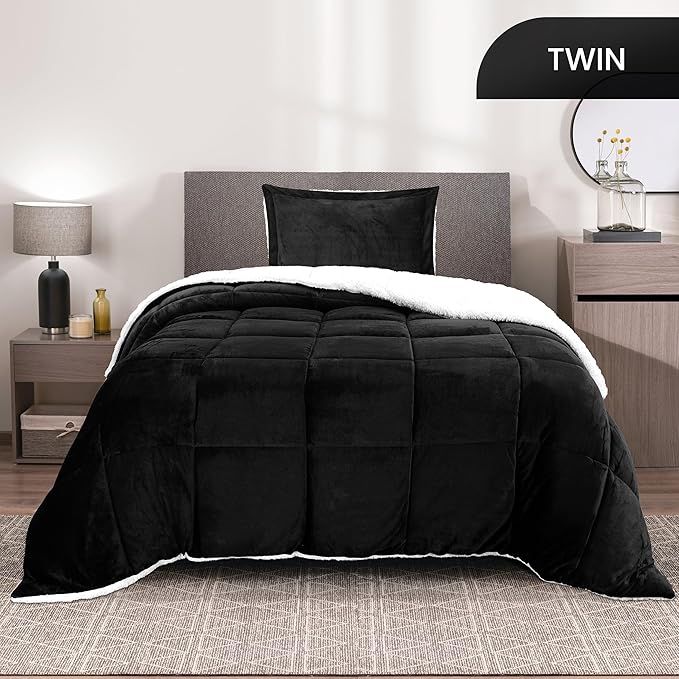 Utopia Bedding Micromink Sherpa Fleece Twin Comforter Set with 1 Pillow Sham, Plush and Warm Bedding Comforter Sets, Down Alternative Comforter, Ultra Soft and Cozy Comforter Set (Twin, Black)
