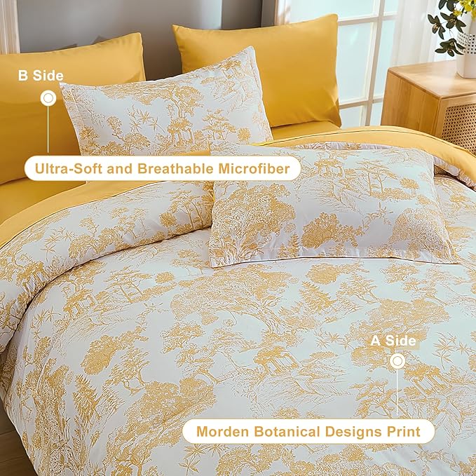 DJY Queen Size Comforter Sets, Yellow Botanical Comforters with Sheets 7 Pieces Bed in a Bag Queen Elegant Plants Print Soft Microfiber Reversible Complete Bedding Sets for All Season