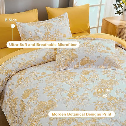 DJY Queen Size Comforter Sets, Yellow Botanical Comforters with Sheets 7 Pieces Bed in a Bag Queen Elegant Plants Print Soft Microfiber Reversible Complete Bedding Sets for All Season