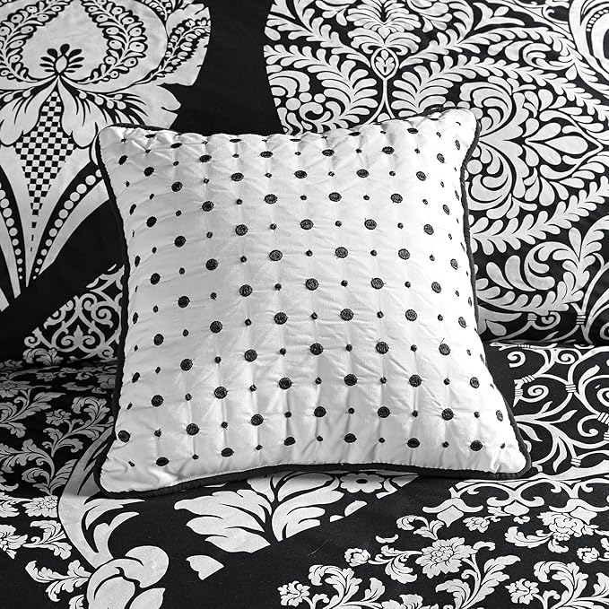 Madison Park Vienna Sateen Cotton Comforter Set, Breathable, Soft Cover, Trendy, All Season Down Alternative Cozy Bedding with Matching Shams, King, Black 7 Piece