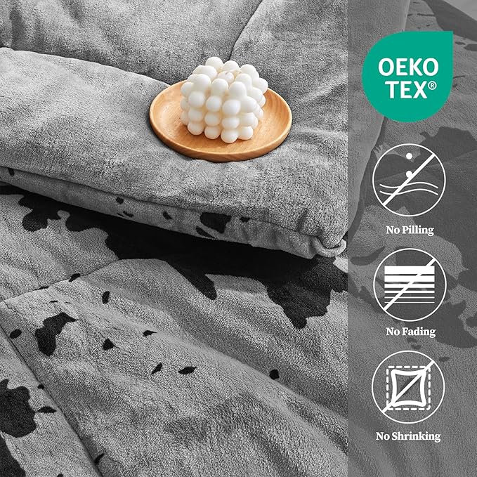 Petrichor Velvet Flannel King Comforter Set-Cow Print Western Style Blanket,Luxury Fuzzy Heavy Bedding Set, 3 Pieces Plush Winter Bed Set with Comforter (90"x104") & 2 Pillow Shams (20"x36"