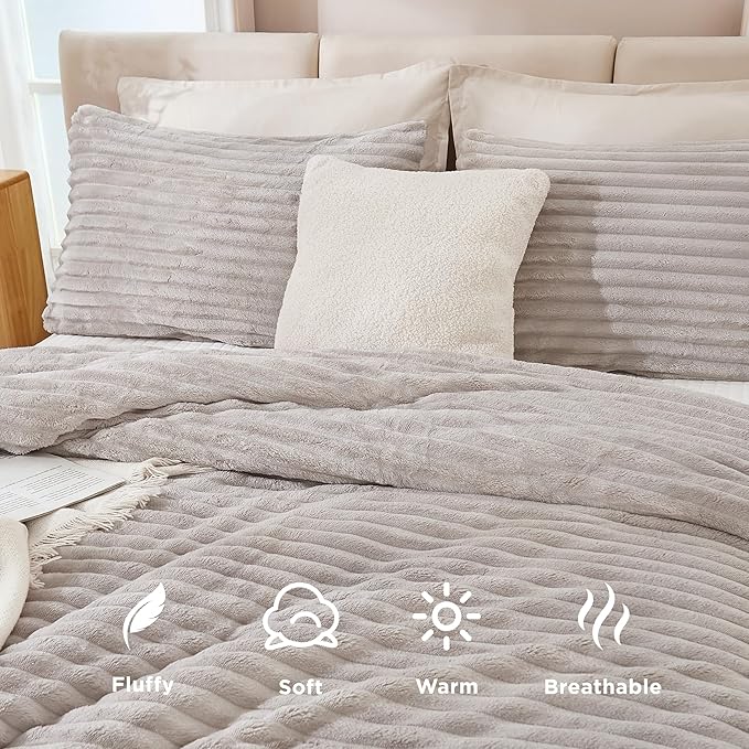 Andency Fleece Queen Comforter Set, 3 Pieces Linen Grey Comforter Set for Queen Size Bed, Soft Warm Fluffy Fuzzy Linen Gray Bedding Set for Winter (1 Comforter & 2 Pillowcases)
