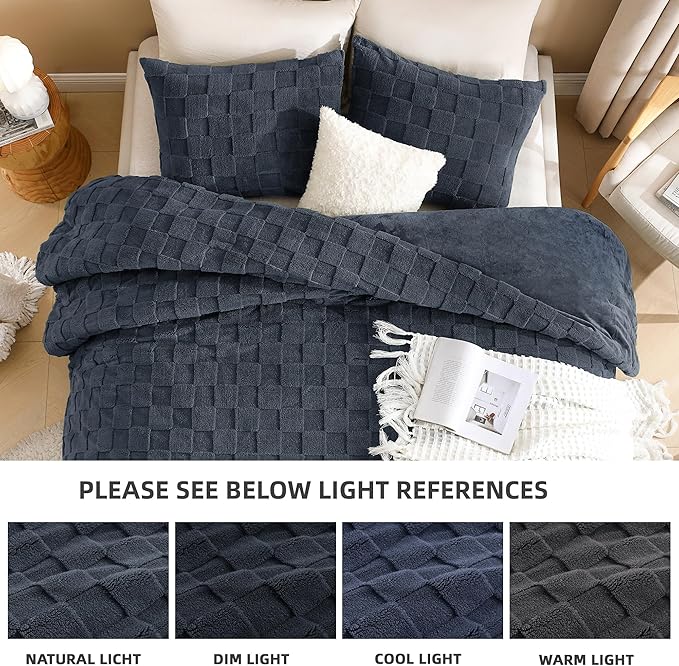 Litanika King Size Fluffy Comforter Set Navy,3 Pieces Warm Sherpa Fleece Winter Bedding Set,Jacquard Checkered Plush Fuzzy Bed Set(1 Comforter, 2 Pillowcases)