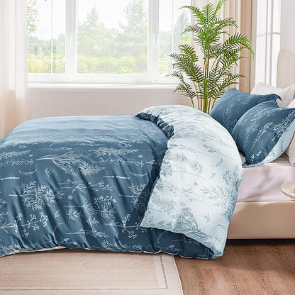 Love's cabin Bluish Grey Comforter Set King - King Size Comforter Set, 3 Pieces Cute Floral Bedding Sets for All Seasons,1 Soft Reversible Botanical Flowers Comforter and 2 Pillow Shams