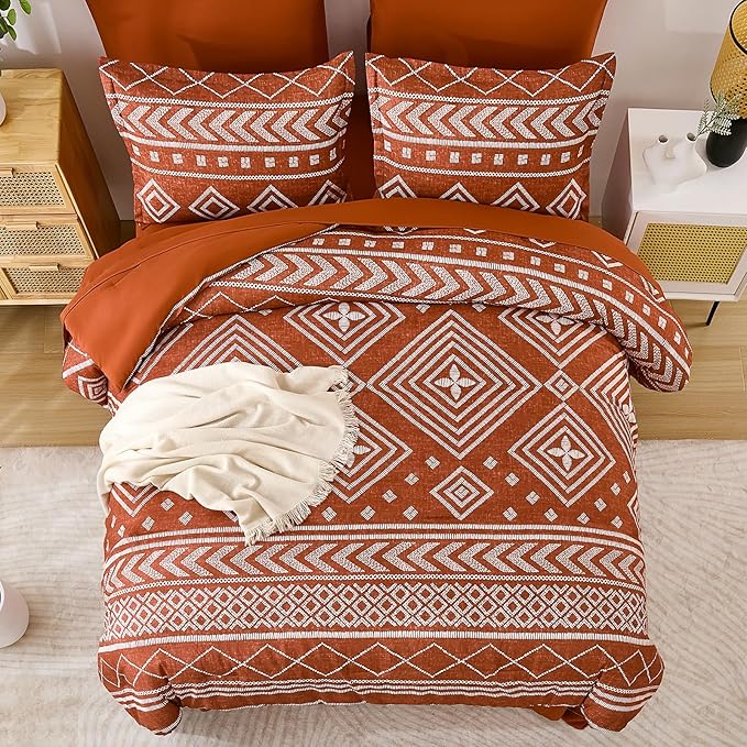 Yiran Burnt Orange King Comforter Set, 7 Piece Terracotta Boho Bedding Set, Geometric Bed in a Bag King, Soft Microfiber Bohemian Striped Complete Bedding Set with Sheets for All Season
