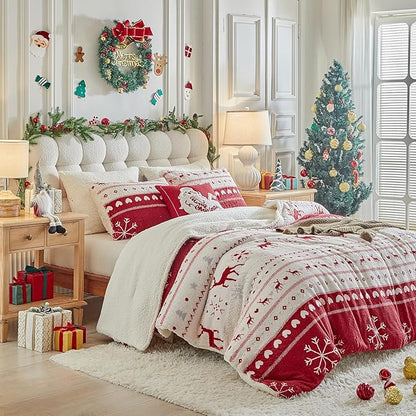 Christmas Sherpa Comforter Set Twin Size 3 Pieces Red Stripes Cream Heart Deer Holiday Winter Bedding Microfiber Warm Fleece Comforter with 2 Pillow Shams - Thanksgiving New Year Gift Choice