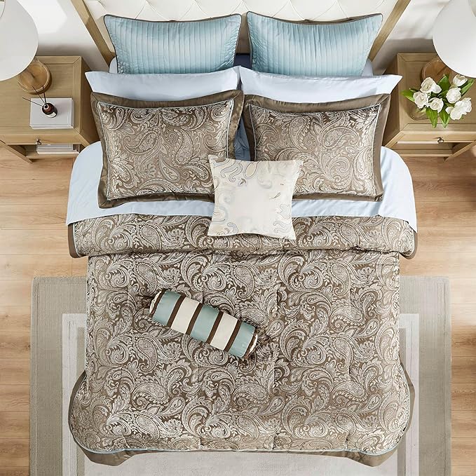 Madison Park Aubrey Cozy Comforter Set, Faux Silk Jacquard Paisley Design - All Season Down Alternative Bedding with Cotton Bed Sheets, Bed Skirt & Toss Pillows, Queen Blue 12 Piece
