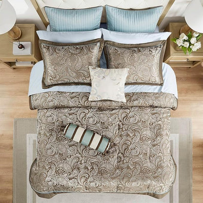 Madison Park Aubrey Cozy Comforter Set, Faux Silk Jacquard Paisley Design - All Season Down Alternative Bedding with Cotton Bed Sheets, Bed Skirt & Toss Pillows, King Blue 12 Piece
