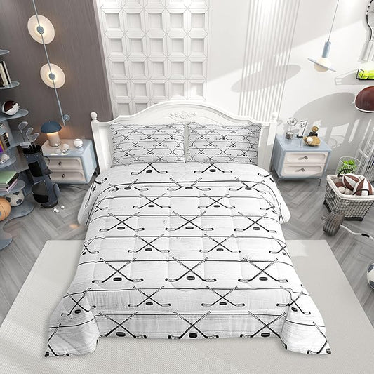 Manfei Hockey Comforter Set Queen Size, Sports Gaming Theme Bedding Set for Kids Boys Girls Room Decor, Grey Wooden Plank Down Comforter, Soft Polyester Quilt Set,2 Pillowcases