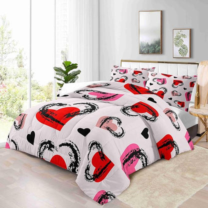 Red Heart Purple Background Queen Size Comforter Set with 2 Pillowcases, Valentine Heart Black Pink Printed Pillow Shams Soft 3 Pcs Bedding for Kids and Adults Bedroom Bed Decor Dormroom All Season