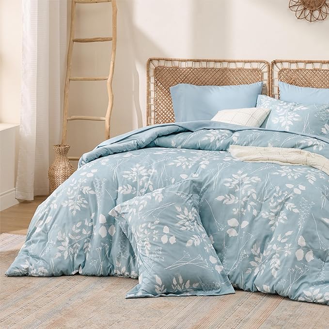 Bedsure Sky Blue Full Comforter Set - 7 Pieces Floral Bedding Sets, Full Bed in a Bag with Reversible Botanical Flowers Comforter, Sheets, Pillowcases & Shams