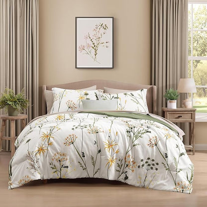 CASAAGUSTO King Comforter Set 7 PCS White & Green Dandelion Plant Comforter Set with Flowers Leaves Pattern Soft Seersucker Design All Season Bedding Set(102"X90")