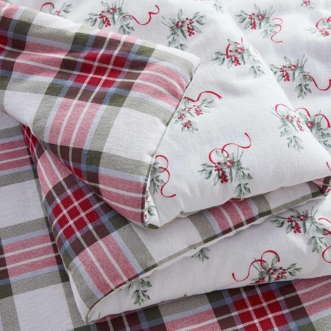 Martha Stewart - King Bedding Comforter Sets, Wonderfully Plush & Naturally Soft Cotton Flannel Bedding w/Matching Pillowcases, 3 Piece Bed Sets (Yuletide Spruce Plaid/Holiday Ribbons Red)