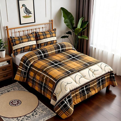 Ducks Silhouettes Kids Comforter Set Queen Size,Cartoon Animals Cute Bedding Set,Girls Boys Adults Bedroom Decor,Geometric Plaids Splicing Down Comforter,Brown Rustic Duvet Insert,2 Pillowcases
