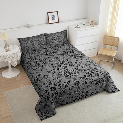 Feelyou Adults Black Vintage Damask Floral Comforter Set Oriental Antique Comforter King Size Gothic Bohemia Boho Flower Bedding Set Bohemian Exotic Duvet Set Quilt Set 3Pcs