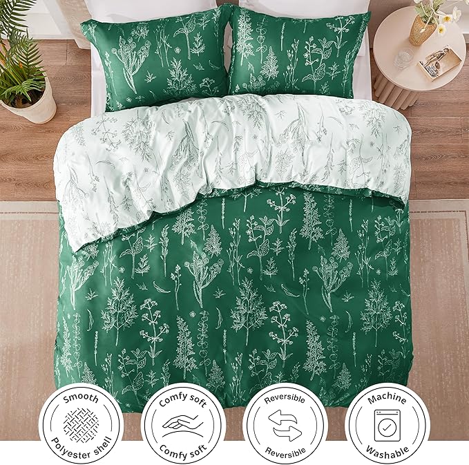 Love's cabin Emerald Full Comforter Set - Full Size Comforter Set, 3 Pieces Cute Floral Bedding Sets for All Seasons,1 Soft Reversible Botanical Flowers Comforter and 2 Pillow Shams
