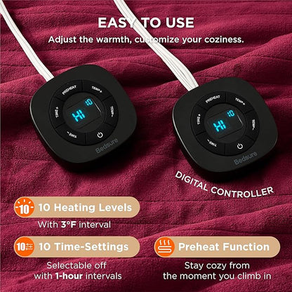 Bedsure Electric Blanket Queen Size - Dual Control Heated Blanket Queen, Fast Heating with 10 Time Settings & 10 Heat Settings, Warm Gift for Grandma (84x90 inches, Burgundy)