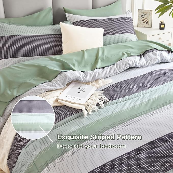 Andency Comforter Set Sage Green Oversized King(120"x98")- 7 Pieces Striped Lightweight Bed in a Bag, Soft Reversible Bedding Set with Comforter, Fitted & Flat Sheet, Pillowcases & Shams