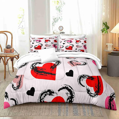 Red Heart Purple Background Queen Size Comforter Set with 2 Pillowcases, Valentine Heart Black Pink Printed Pillow Shams Soft 3 Pcs Bedding for Kids and Adults Bedroom Bed Decor Dormroom All Season