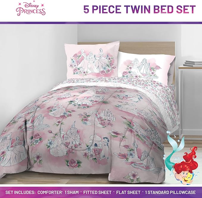 Jay Franco Kids Comforter Set Includes Sheets and Pillow Covers - Soft and Cozy Bed Set for Stylish Room Decor, Pink - Disney Princess, 5 Piece Twin Bedding