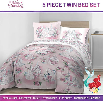 Jay Franco Kids Comforter Set Includes Sheets and Pillow Covers - Soft and Cozy Bed Set for Stylish Room Decor, Pink - Disney Princess, 5 Piece Twin Bedding