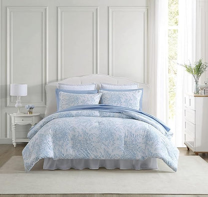 Laura Ashley- King Comforter Set, Cotton Reversible Bedding Set with Matching Sham(s), Farmhouse Home Décor (Bedford Blue, King)