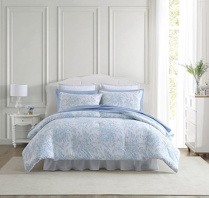 Laura Ashley - Queen Comforter Set, Soft & Reversible Cotton Floral Bedding with a Medium Weight Feel, 3 Piece Bed Set with Matching Pillowcases (Bedford Blue)