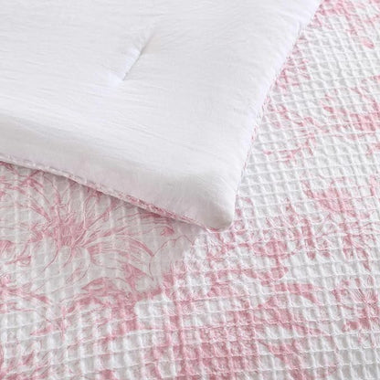 Laura Ashley - Comforter Set, Soft Poly Waffle Textured Bedding with Matching Sham, Delicate Floral Design (Delphine Pastel Pink, Twin)