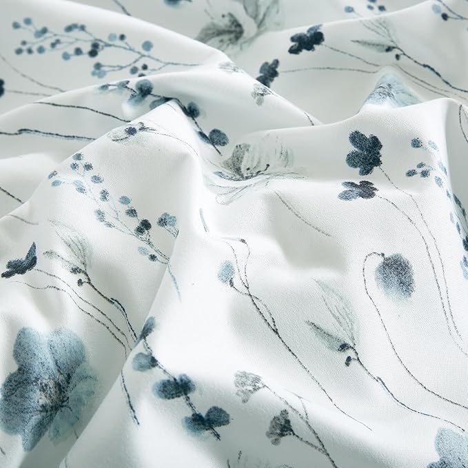 Chezmoi Collection Fran 3-Piece Boho Floral Comforter Set, Queen - Blue White Poppy Flower Watercolor Printed Microfiber Lightweight Bedding Set