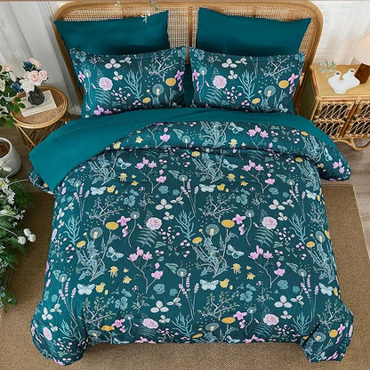 Yiran Teal Blue Comforter Set King Size, 7 Piece Floral Botanical Comforter Bedding Set, Farmhouse Bed in a Bag, Soft Microfiber Complete Bedding Set with Sheets for All Season