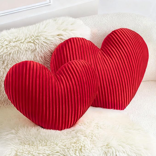 AELS Heart Shaped Pillow, Set of 2, Pleated Velvet Love Pillows, 20 & 16 Inches Decorative Throw Pillows, Valentines Day, Wedding, Living Room, Bedroom, Nursery Decor, Red