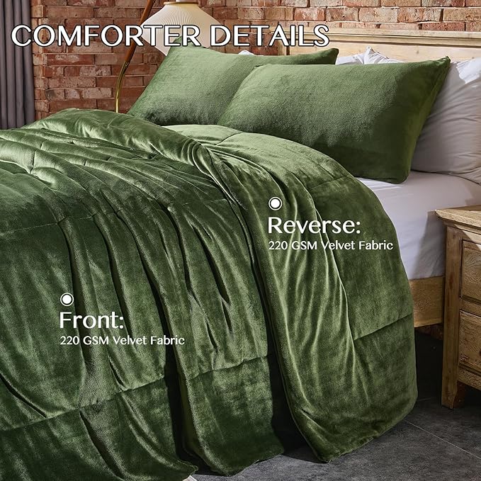Lotus Karen Comforter Set Full - Ultra Soft & Warm Velvet Dark Green Comforter Set for Men Women - Cozy Fuzzy Plush Fluffy Luxury Bedding Set 3 Pieces (1 Comforter and 2 Pillowcases)