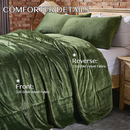 Lotus Karen Comforter Set Full - Ultra Soft & Warm Velvet Dark Green Comforter Set for Men Women - Cozy Fuzzy Plush Fluffy Luxury Bedding Set 3 Pieces (1 Comforter and 2 Pillowcases)