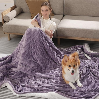 Electric Blanket Full Heated Blanket Full Size - Striped Flannel & Thick Sherpa, 5 Heat Settings & 10 Hour Auto Off with FCC/ETL Certified, Overheat Protection & Machine Washable, Lavender 72"x84"