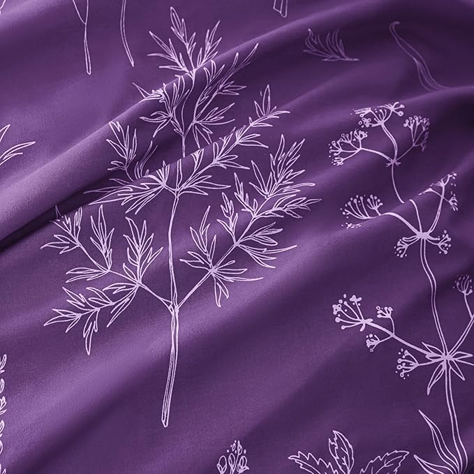 Love's cabin Dark Purple Comforter Set Queen - Queen Size Comforter Set, 3 Pieces Cute Floral Bedding Sets for All Seasons,1 Soft Reversible Botanical Flowers Comforter and 2 Pillow Shams