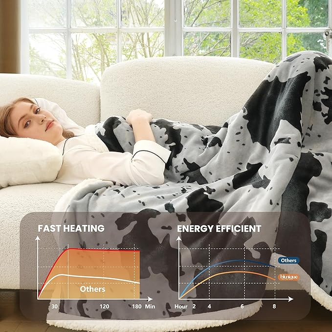 Cow Print Heated Blanket Twin-Heating Electric Blanket Twin with 10 Heat Levels & 10 Hours Auto-Off, Cozy Soft Fleece Sherpa, Washable, 62 x 84 Inche Cow Print Grey