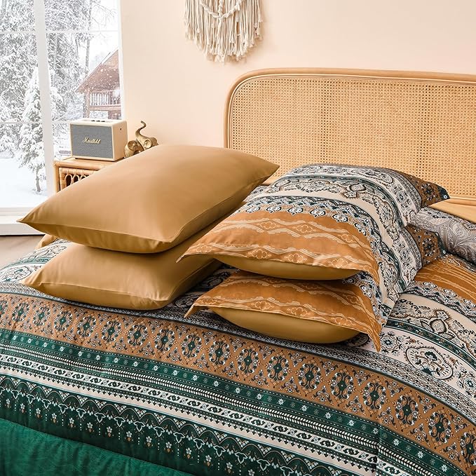 Cottolester Boho Comforter Set Full Size,8 Pieces Brown and Green Bohemian Striped Bed in a Bag,Paisley Soft Microfiber Bedding Comforter Set