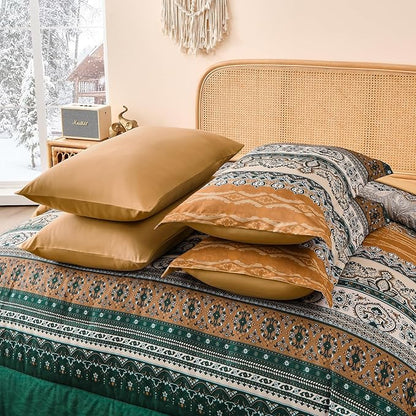 Cottolester Boho Comforter Set Full Size,8 Pieces Brown and Green Bohemian Striped Bed in a Bag,Paisley Soft Microfiber Bedding Comforter Set