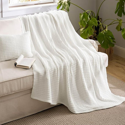 Bedsure 5 Pieces Cotton Comforter Set with Waffle Throw Blanket - Soft Breathable Bedding Set for All Seasons, Beige Comforter Full Size, Pillow Shams, White 100% Cotton Blanket, Throw Pillow