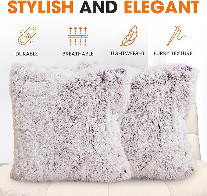 Cheer Collection Throw Pillows for Couch and Bed, Soft Shaggy Throw Pillows with Inserts Included, Cozy Long Hair Faux Fur Pillows - Set of 2-18" x 18" - Purple