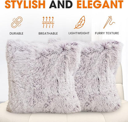 Cheer Collection Throw Pillows for Couch and Bed, Soft Shaggy Throw Pillows with Inserts Included, Cozy Long Hair Faux Fur Pillows - Set of 2-18" x 18" - Purple